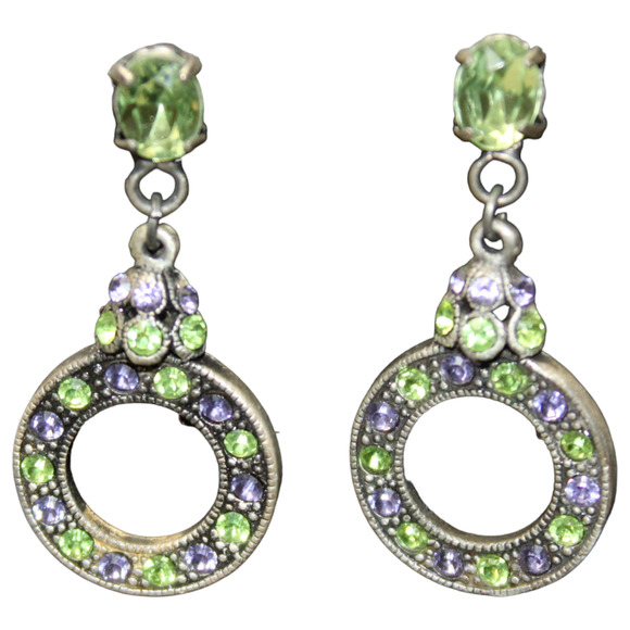 Pierced Earrings Round Rhinestone Purple Green Silver Tone Dangle Boho Vintage - Picture 1 of 2